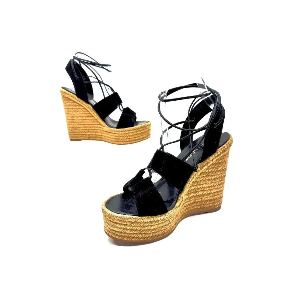 Saint Laurent Black Suede Espadrille Platform Wedge Sandals  Ankle Tie EU 38.5